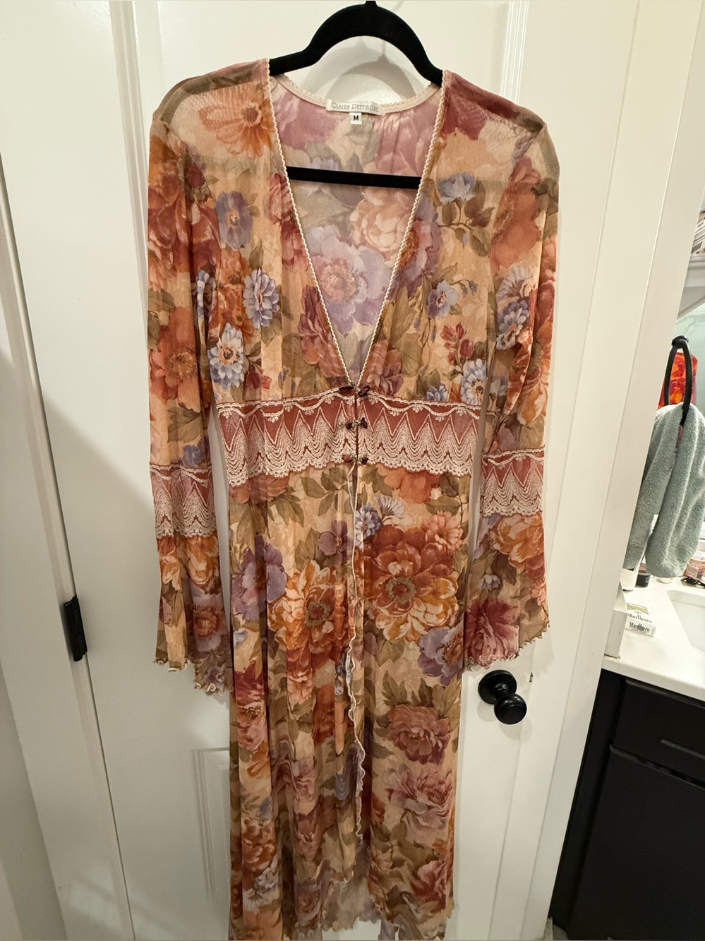 Claire Pettibone Floral Mesh Lace Maxi Dress Duster Romantic Cottagecore Boho M”